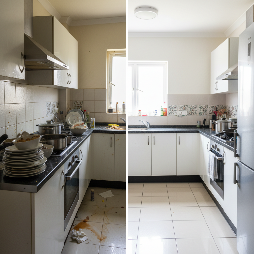 Before and after kitchen transformation by Rabbit Cleaning