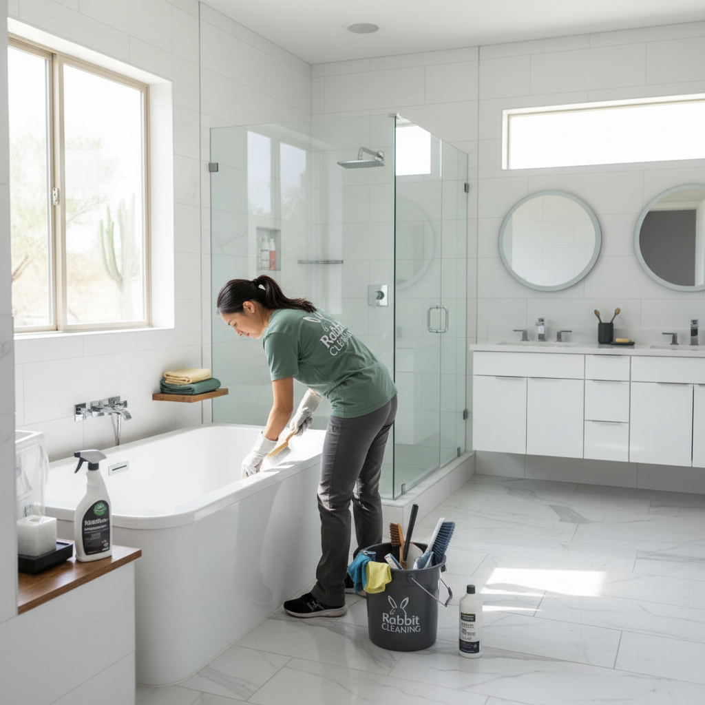Rabbit Cleaning team member scrubbing a sparkling bathroom